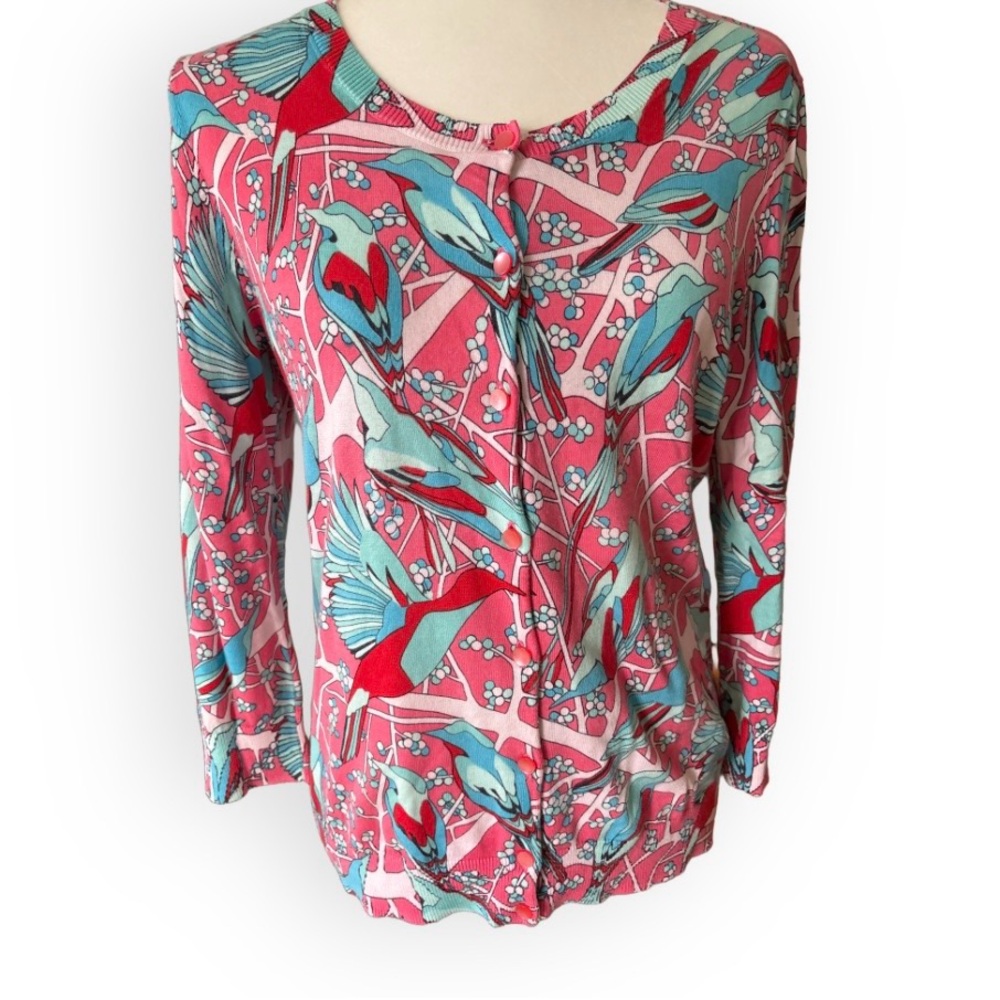 Talbots Spring Bird Cardigan Pink and Turquoise Size M Vibrant Artistic